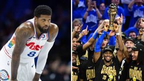Pol Džordž i Šej Gildžes Aleksander koji slavi titulu šampiona NBA sa Oklahomom