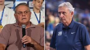 Nebojša Čović tokom govora na okupljanje U16 reprezentacije i Svetislav Pešić na utakmici reprezentacije Srbije