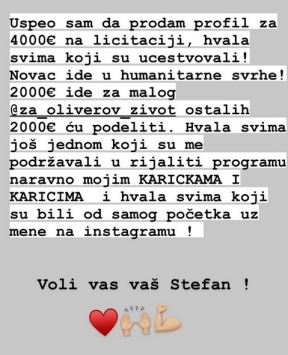 stefan karic prodao profil 4.000 evra donira u humanitarne svrhe instagram foto