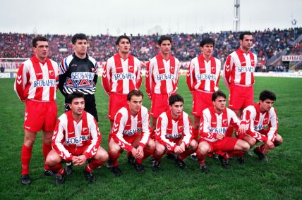 Goran Vasilijević, Milan Simeunović - Đavo, Anto Drobnjak, Dejan Stefanović, Jovan Stanković, Miodrag Božović, Nikola Radmanović, Bozidar Bandović, Ivan Adžić, Dejan Petković - Rambo i Ilija Ivić. Beograd, 06.04.1994, Partizan - Crvena zvezda