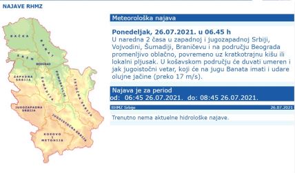 Upozorenje na pljusak u naredna dva sata