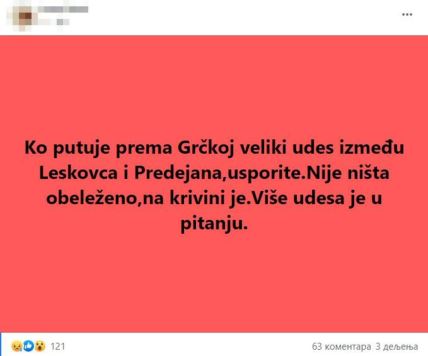 Upozorenje o sudaru u Grdeličkoj klisuri