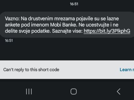 Poruka Mobi banke o prevari na društvenim mrežama