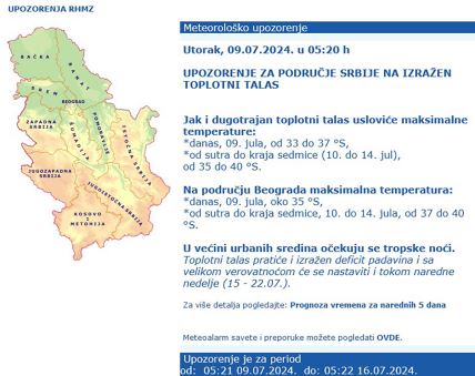 RHMZ izdao upozorenje zbog visokih temperatura