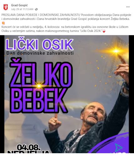 objava za nastup Željka Bebeka u Gospiću na fejsbuku