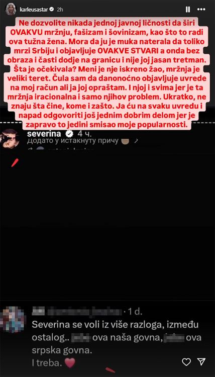 Jelena Karleuša objava o Severini na instagramu