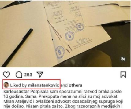 Milan Stanković lajkovao objavu Jelene Karleuše o razvodu