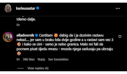 komentar Ele Dvornik na objavu JK o razvodu na instagramu