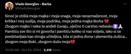 Vlado Georgiev tvit o pokojnoj majci