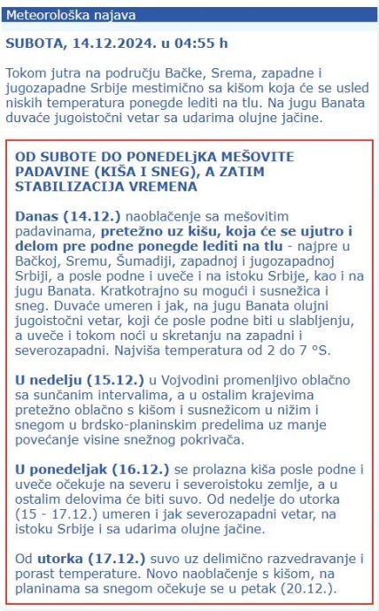 Vremenska prognoza 14.12.