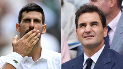 Novak Đoković šalje poljubac, a Rodžer Federer gleda gore na Vimbldonu.