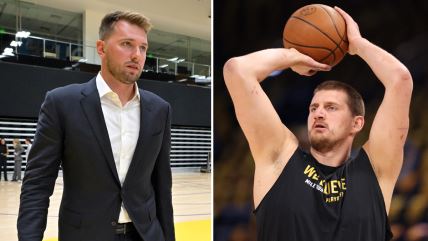 Luka Dončić mršav u odelu sa leve strane, Nikola Jokić šutira loptu u majici bez rukava.