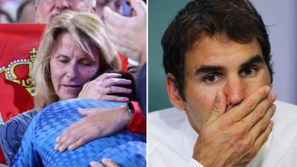 Dijana Đoković grli Novaka s leve strane, a Rodžer Federer drži ruku na ustima.