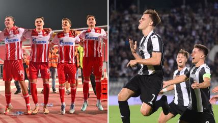 Zagrljeni fudbaleri Crvene zvezde s leve strane i igrači Partizana s desne strane slave gol dok Jovan Milošević skače.
