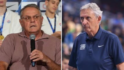 Nebojša Čović tokom govora na okupljanje U16 reprezentacije i Svetislav Pešić na utakmici reprezentacije Srbije