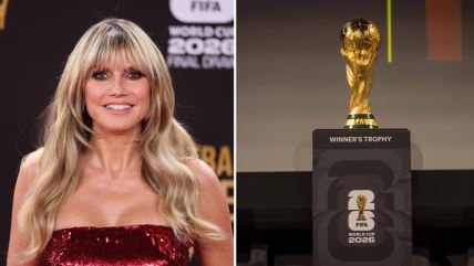 Hajdi Klum u crvenoj haljini i pehar Svetskog prvenstva u fudbalu.