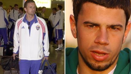 Peđa Mijatović s torbama i Mateja Kežman krupan kadar.