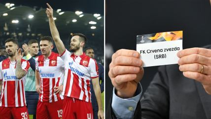 Slavlje fudbalera Crvene zvezde i ceduljica sa žreba Liga Evrope na kojoj piše Crvena zvezda.