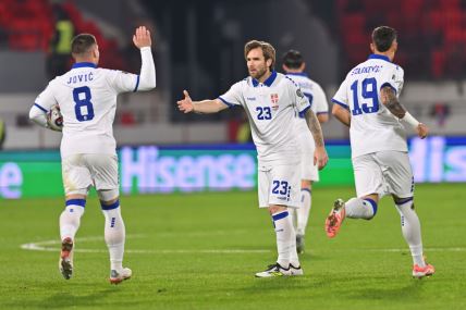 Fudbaleri reprezentacije Srbije slave gol.