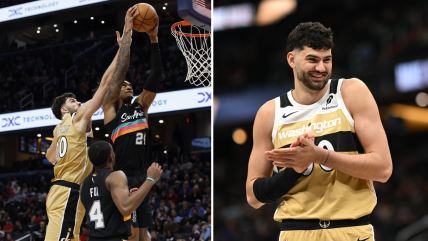 Tristan Vukčević blokira šut protiv San Antonija.