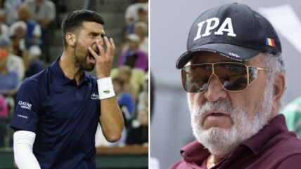 Novak Đoković se dere u šaku, a pored Jon Cirjak s kačketom na glavi.