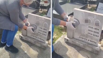 Žena štruže mužev grob