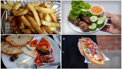 Pomfrit, meso, salata, krastavac, sos, hleb, paradajz i sendvič