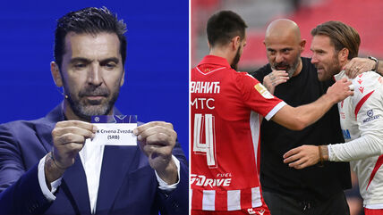 Điđi Bufon drži ceduljicu Crvene zvezde u Ligi šampiona, a pored njega Ivanić, Katai i Stanković.