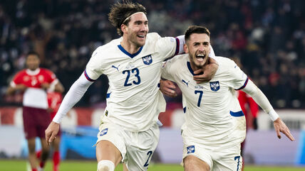 Dušan Vlahović i Aleksa Terzić slave gol na Švajcarska Srbija