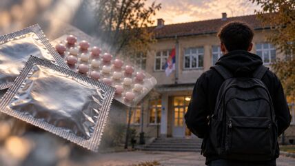 Kondomi, pilule za kontracepciju i učenik koji ide ka školi