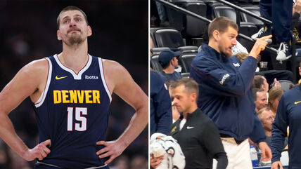 Nikola Jokić u opremi kao igrač i kao trener Denvera.