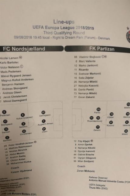 Nordsjeland Partizan uživo prenos Liga Evrope 2018