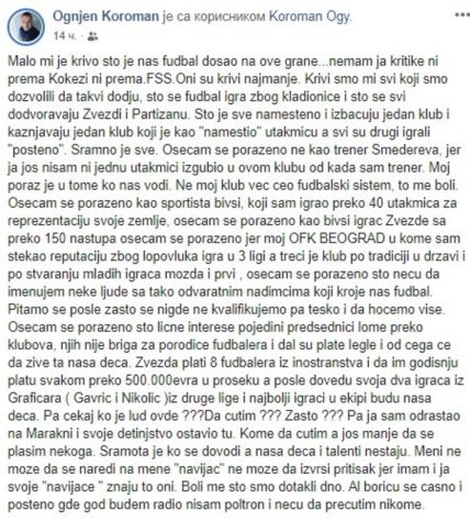 Ognjen Koroman Dragan Mladenović Crvena zvezda sukob svađa