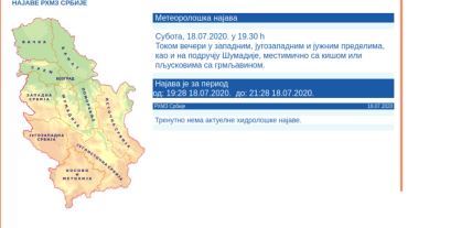 Vreme - vremenska prognoza - upozorenje RHMZ - 18. jul