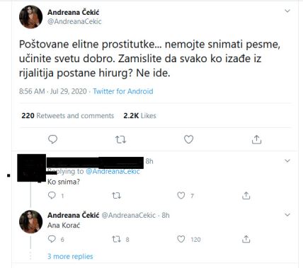 Andreana Čekić prozivke elitna prostitutka Ana Korać odgovor