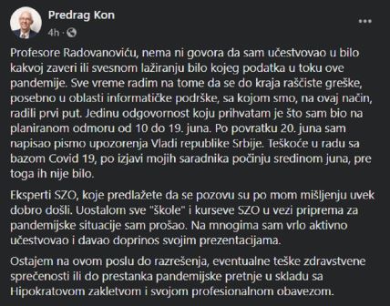 Dr Predrag Kon prof. Zoran Radovanović broj umrlih i zaraženih korona virus sukob