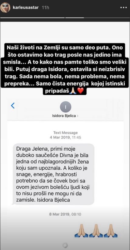 Isidora Bjelica preminula Jelena Karleuša oproštajna poruka