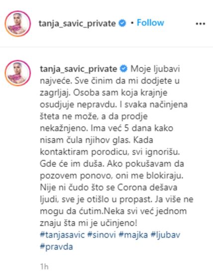 Tanja Savić istina o deci pet dana ih nije čula blokirana Instagram 