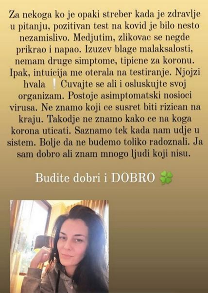 Marija Kilibarda se oglasila nakon što je dobila pozitivan test