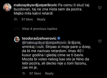 teodora dzehverovic reagovala na uvredljiv komentar prozivke instagram foto