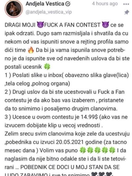 andjela vestica nagradna igra odnos sa fanovima