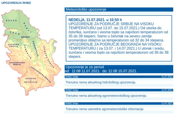 Upozorenje RHMZ na visoke temperature