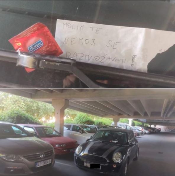 poruka i kondom na brisacu auta