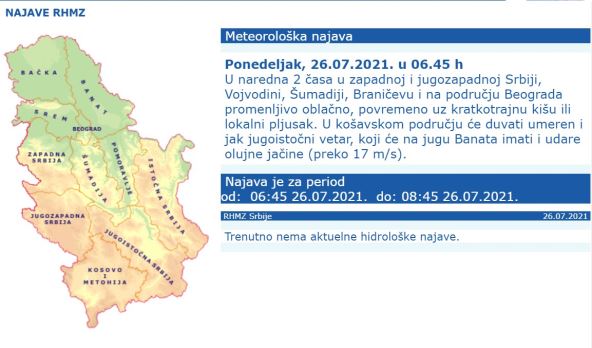 Upozorenje na pljusak u naredna dva sata