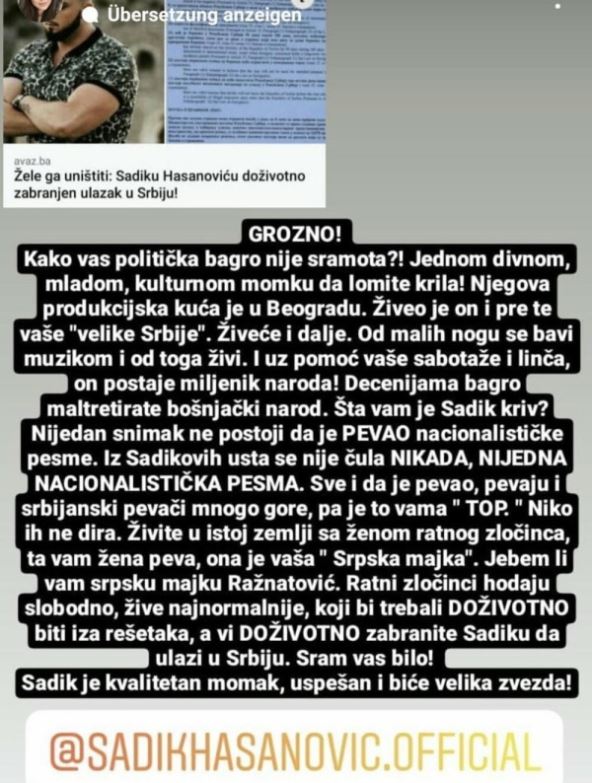 Sadik Hasanović post na Instagramu