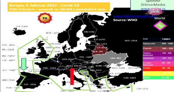 mapa Evrope po broju zarazenih koronom