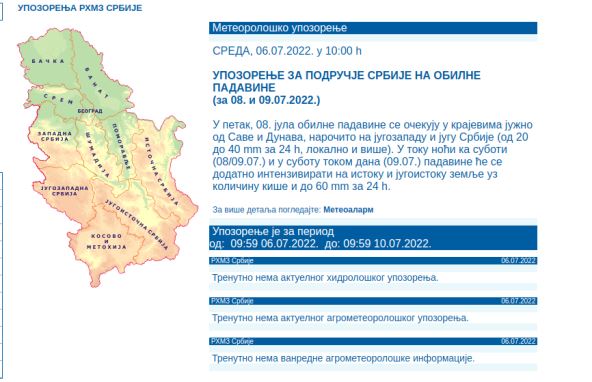 Upozorenje RHMZ na obilne padavine