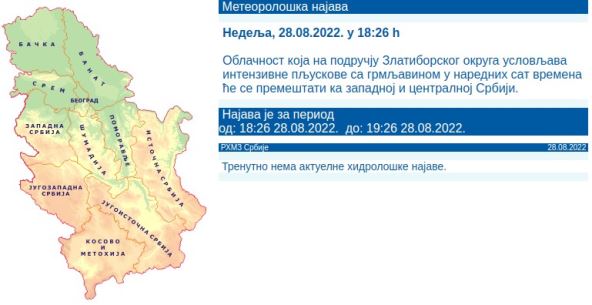 Upozorenje RHMZ, pljuskovi sa grmljavinom za sat vremena