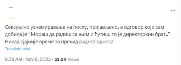 prijavila uznemiravanje