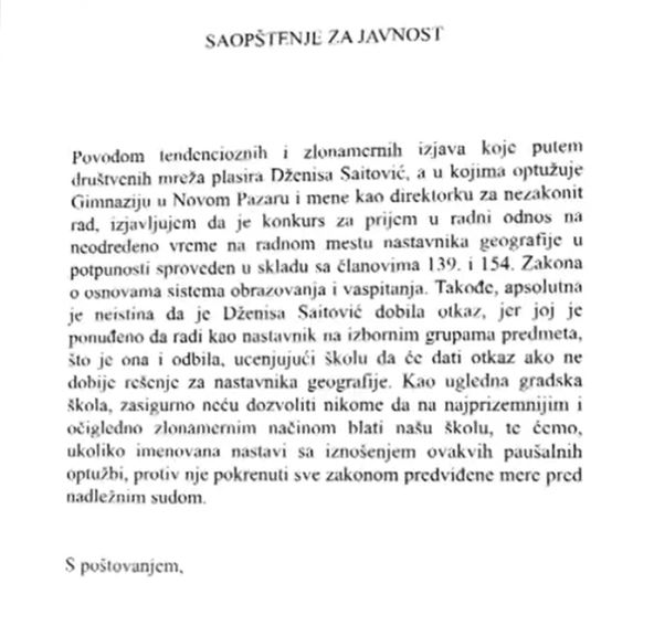 saopštenje škole